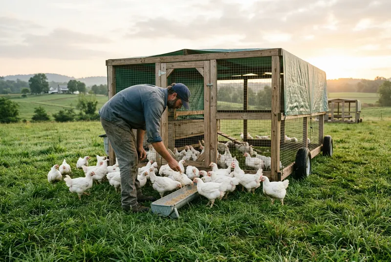 A man feeding meat chickens beside a movable pasture pen