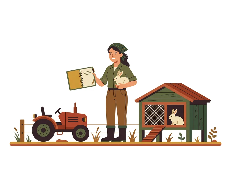 A farmer holding a ring-bound planner and a rabbit beside a tractor and a hutch
